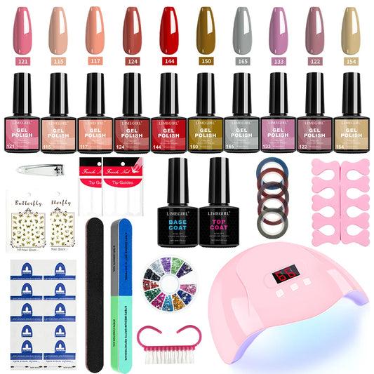 Gel Nail Polish Kit UV Soaking Gel Primer Polish Manicure Kit with UV LED Lamp Dryer Semi-Permanent Gel Varnish Kit